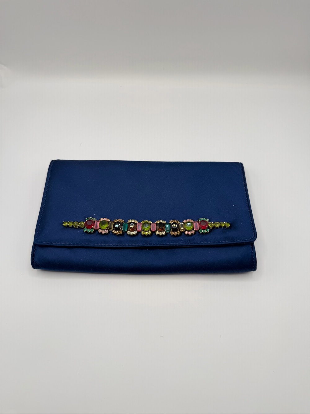 Blue Satin Clutch with Multicolor Gem Accent